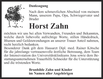 Traueranzeige von Horst Zahn von Ostthüringer Zeitung, Thüringische Landeszeitung