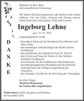 Traueranzeige von Ingeborg Lehne von Thüringer Allgemeine