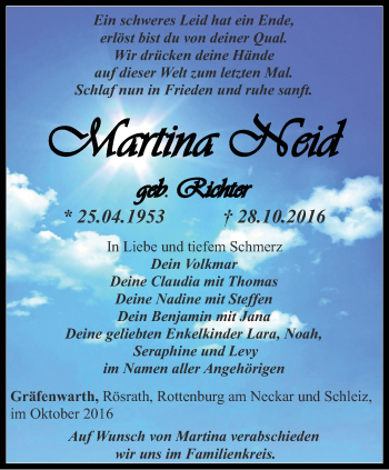 Traueranzeige von Martina Neid von Ostthüringer Zeitung