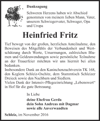 Traueranzeige von Heinfried Fritz von Ostthüringer Zeitung