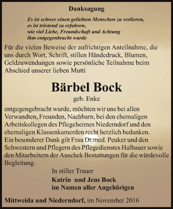 Traueranzeige von Bärbel Bock von Ostthüringer Zeitung