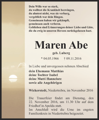 Traueranzeige von Maren Abe von Thüringer Allgemeine, Thüringische Landeszeitung