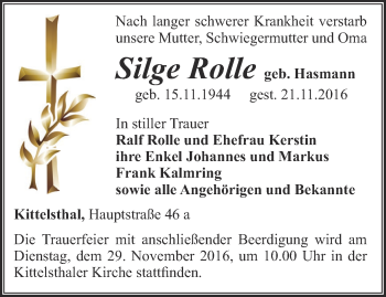 Traueranzeige von Silge Rolle von Thüringer Allgemeine, Thüringische Landeszeitung