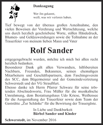 Traueranzeige von Rolf Sander von Thüringer Allgemeine, Thüringische Landeszeitung