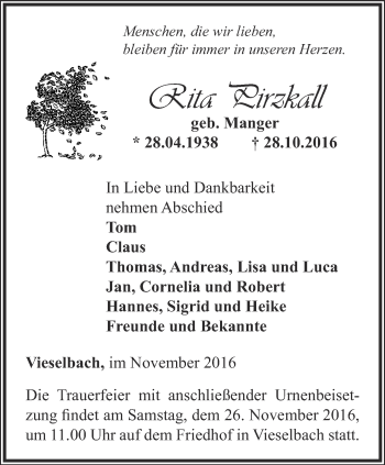 Traueranzeige von Rita Pirzkall von Thüringer Allgemeine, Thüringische Landeszeitung