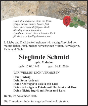 Traueranzeige von Sieglinde Schmid von Thüringer Allgemeine, Thüringische Landeszeitung