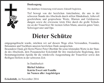 Traueranzeige von Dieter Schütze von Thüringer Allgemeine, Thüringische Landeszeitung