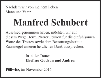 Traueranzeige von Manfred Schubert von Ostthüringer Zeitung