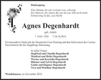 Traueranzeige von Agnes Degenhardt von Thüringer Allgemeine, Thüringische Landeszeitung