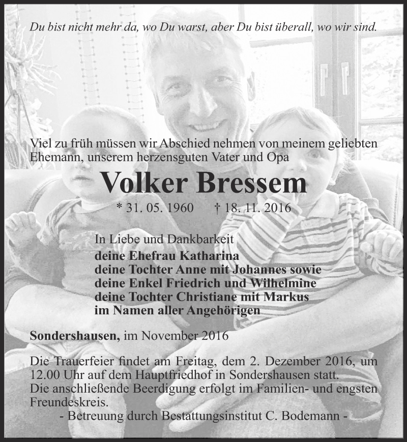  Traueranzeige für Volker Bressem vom 26.11.2016 aus Thüringer Allgemeine