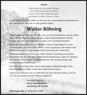 Traueranzeige von Walter Böhning von Thüringer Allgemeine