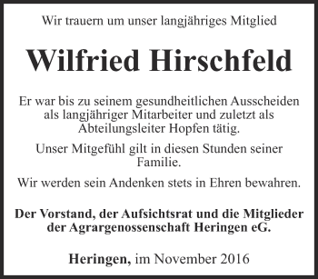 Traueranzeige von Wilfried Hirschfeld von Thüringer Allgemeine