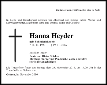 Traueranzeige von Hanna Heyder von Thüringer Allgemeine