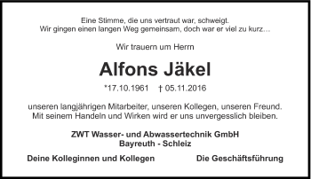 Traueranzeige von Alfons Jäkel von Ostthüringer Zeitung