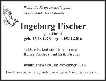 Traueranzeige von Ingeborg Fischer von Ostthüringer Zeitung