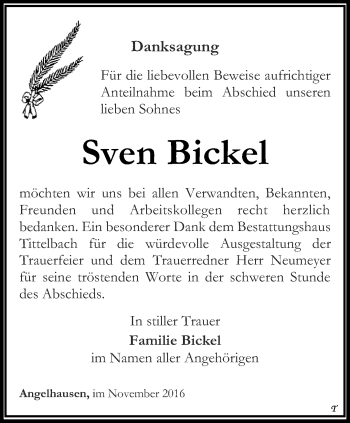 Traueranzeige von Sven Bickel von Thüringer Allgemeine