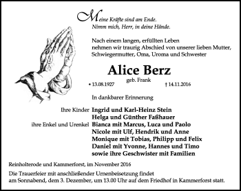 Traueranzeige von Alice Berz von Thüringer Allgemeine, Thüringische Landeszeitung