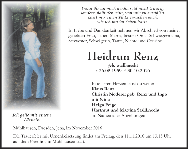  Traueranzeige für Heidrun Renz vom 04.11.2016 aus Thüringer Allgemeine, Thüringische Landeszeitung