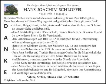 Traueranzeige von Hans Joachim Schlöffel von Ostthüringer Zeitung, Thüringische Landeszeitung