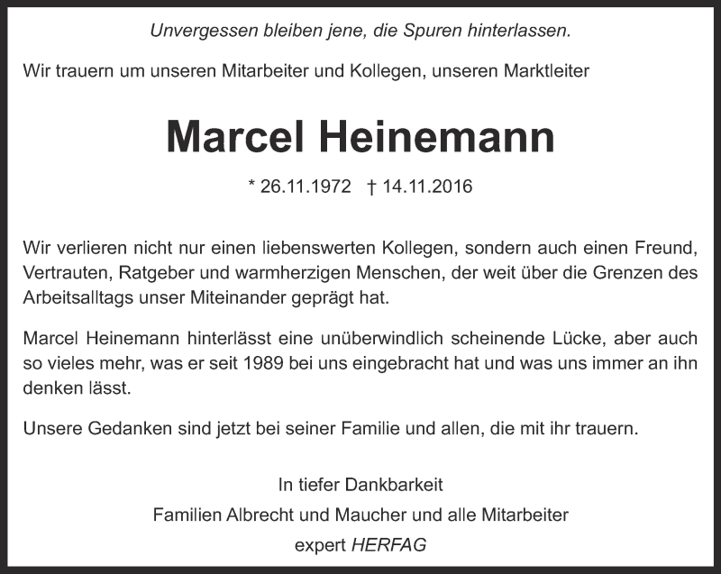  Traueranzeige für Marcel Heinemann vom 17.11.2016 aus Thüringer Allgemeine