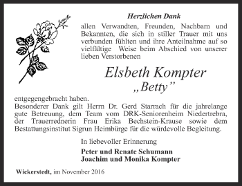 Traueranzeige von Elsbeth Kompter von Thüringer Allgemeine, Thüringische Landeszeitung