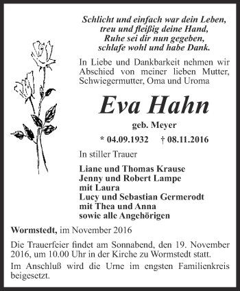 Traueranzeige von Eva Hahn von Thüringer Allgemeine, Thüringische Landeszeitung