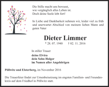 Traueranzeige von Dieter Limmer von Ostthüringer Zeitung