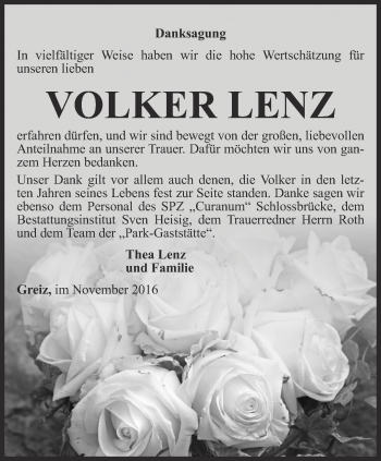 Traueranzeige von Volker Lenz von Ostthüringer Zeitung