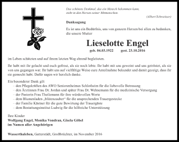 Traueranzeige von Lieselotte Engel von Thüringer Allgemeine