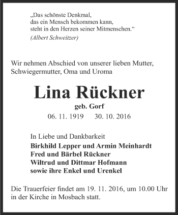 Traueranzeige von Lina Rückner von Thüringer Allgemeine, Thüringische Landeszeitung