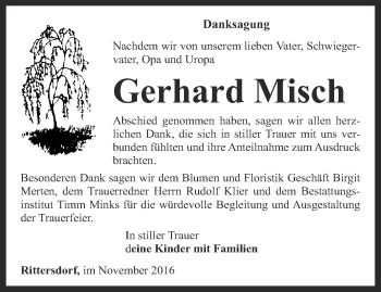 Traueranzeige von Gerhard Misch von Thüringer Allgemeine, Thüringische Landeszeitung