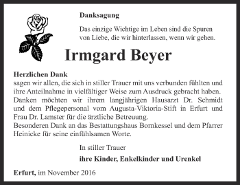 Traueranzeige von Irmgard Beyer von Thüringer Allgemeine, Thüringische Landeszeitung