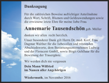 Traueranzeige von Annemarie Tausendschön von Thüringer Allgemeine