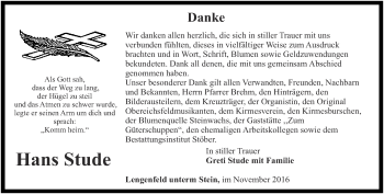 Traueranzeige von Hans Stude von Thüringer Allgemeine, Thüringische Landeszeitung