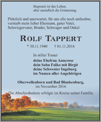 Traueranzeige von Rolf Tappert von Ostthüringer Zeitung