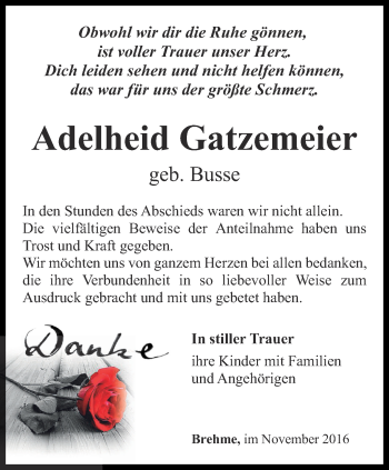 Traueranzeige von Adelheid Gatzemeier von Thüringer Allgemeine