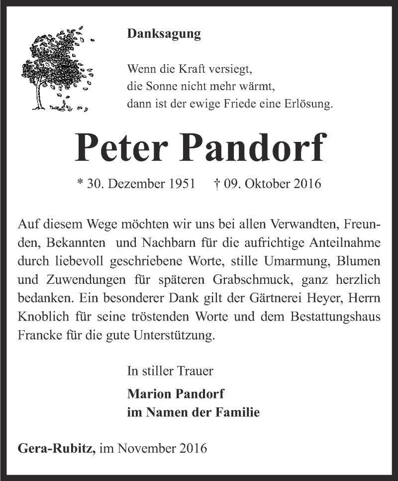 Traueranzeige für Peter Pandorf vom 05.11.2016 aus Ostthüringer Zeitung