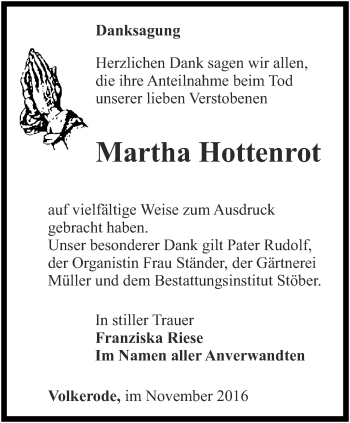 Traueranzeige von Martha Hottenrot von Thüringer Allgemeine