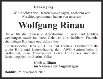 Traueranzeige von Wolfgang Rinau von Ostthüringer Zeitung