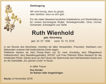 Traueranzeige von Ruth Wienhold von Thüringer Allgemeine, Thüringische Landeszeitung