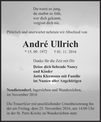 Traueranzeige von André Ullrich von Ostthüringer Zeitung, Thüringische Landeszeitung