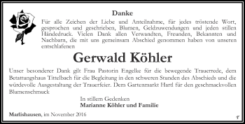 Traueranzeige von Gerwald Köhler von Thüringer Allgemeine