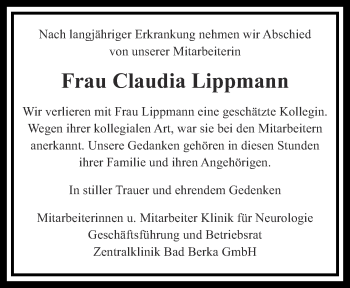 Traueranzeige von Claudia Lippmann von Thüringer Allgemeine, Thüringische Landeszeitung