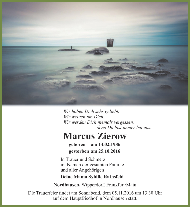  Traueranzeige für Marcus Zierow vom 03.11.2016 aus Thüringer Allgemeine