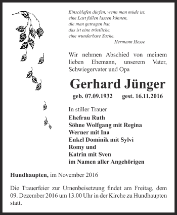 Traueranzeige von Gerhard Jünger von Ostthüringer Zeitung