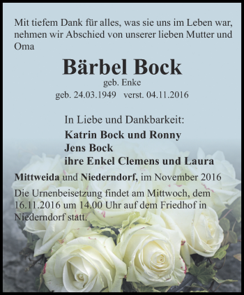 Traueranzeige von Bärbel Bock von Ostthüringer Zeitung