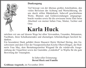 Traueranzeige von Karla Huck von Thüringer Allgemeine