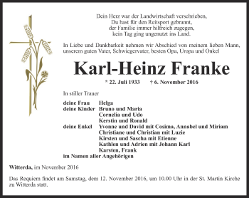 Traueranzeige von Karl-Heinz Franke von Thüringer Allgemeine, Thüringische Landeszeitung