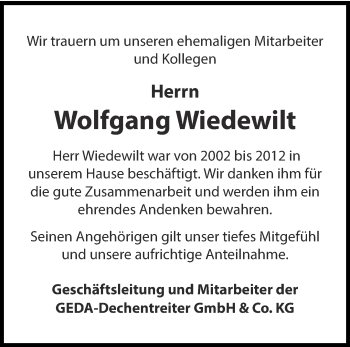 Traueranzeige von Wolfgang Wiedewilt von Ostthüringer Zeitung