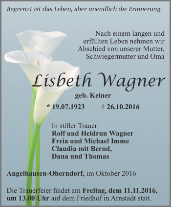 Traueranzeige von Lisbeth Wagner von Thüringer Allgemeine